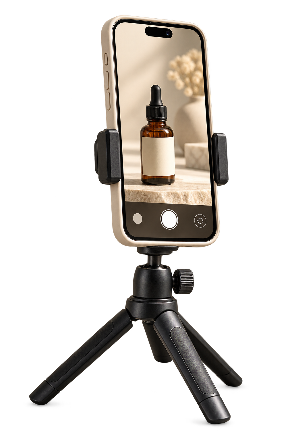 Teléfono en trípode mostrando un producto de belleza